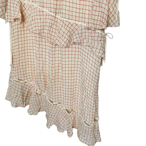 DEREK LAM 10 Crosby Cream Red Tiered Windowpane Asymmetrical Ruffle Dress Size 8 - Picture 10 of 14